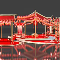 Red Chinese Art Installation With Pavilion Lanterns Happy New Year Decorations Circular Platform And Steps