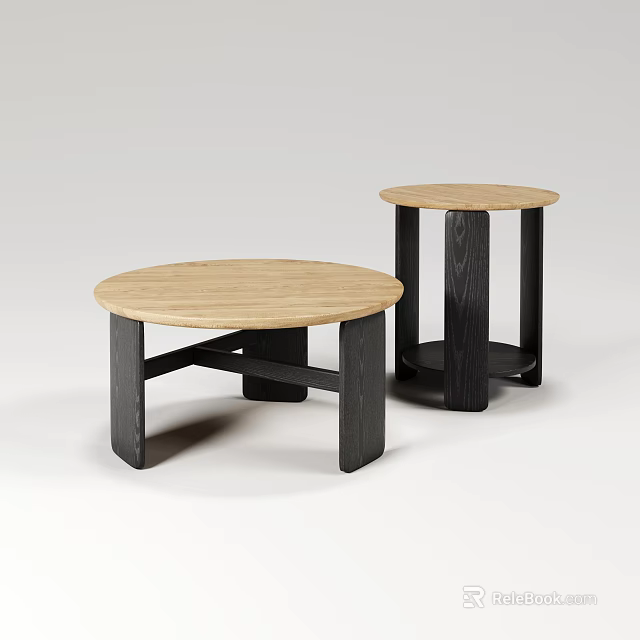 Two Modern Round Coffee Tables With Wooden Top And Dark Cross Legs Design 3d model 