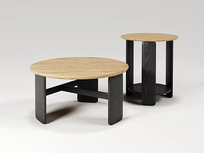 Two Modern Round Coffee Tables With Wooden Top And Dark Cross Legs Design 3d model