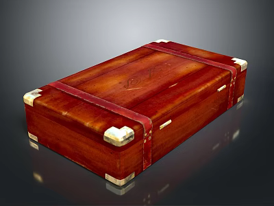 Vintage Red Wooden Storage Box With Metal Corner Accents And Leather Straps 3d model
