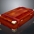 Vintage Red Wooden Storage Box With Metal Corner Accents And Leather Straps