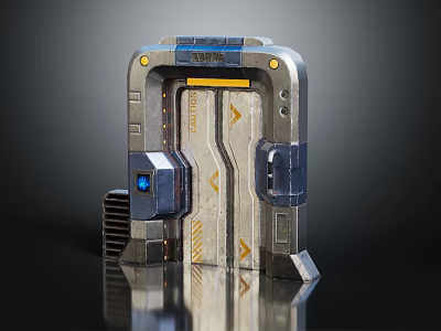 Futuristic Sci Fi Metal Portal Door Structure With Blue Yellow Accents And Control Panel 3d model