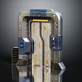 Futuristic Sci Fi Metal Portal Door Structure With Blue Yellow Accents And Control Panel