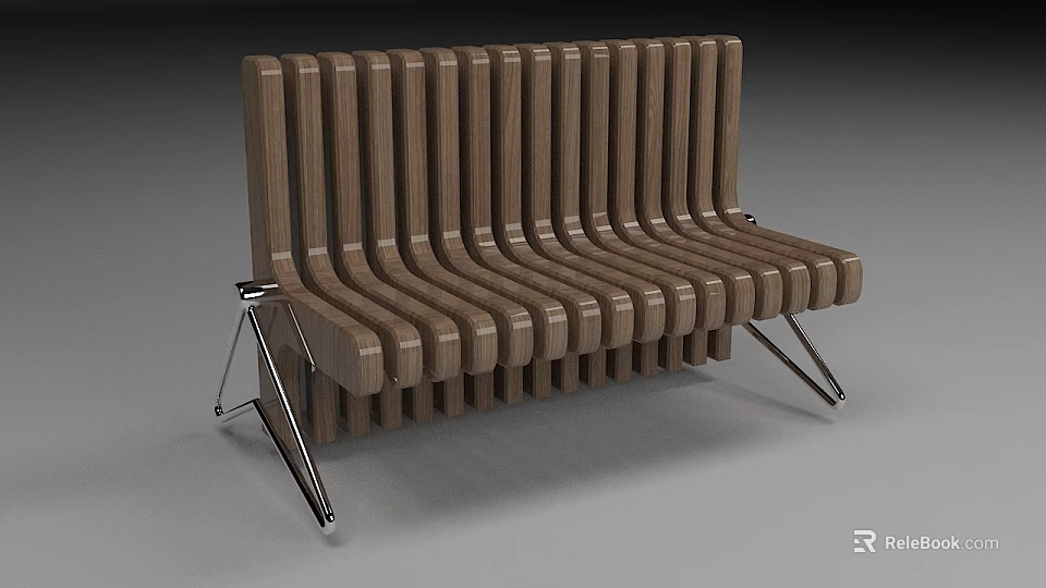 Modern Wooden Slatted Bench With Curved Design And Sturdy Metal Legs 3d model 
