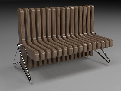 Modern Wooden Slatted Bench With Curved Design And Sturdy Metal Legs 3d model