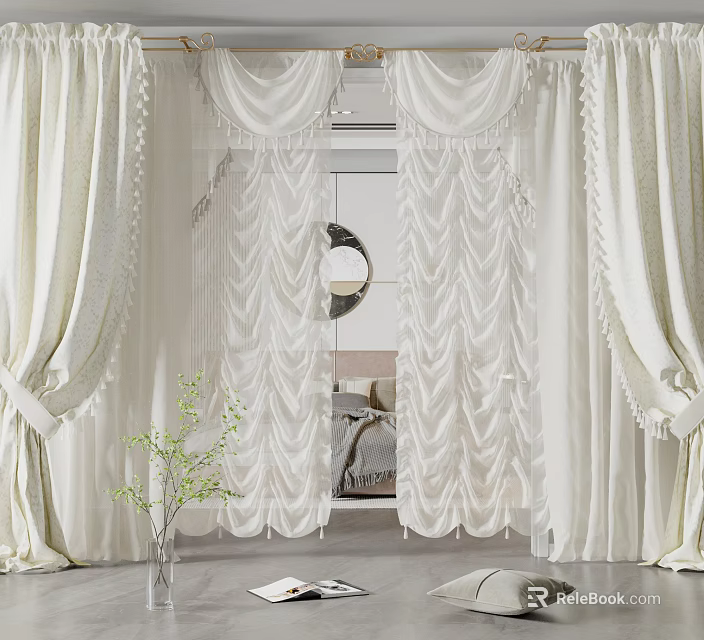 Elegant White Curtains For Bedroom Interior With Pleated Design And Tassel Trim 3d model 