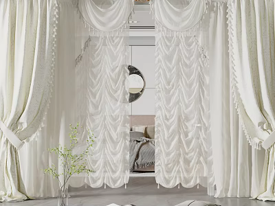Elegant White Curtains For Bedroom Interior With Pleated Design And Tassel Trim 3d model