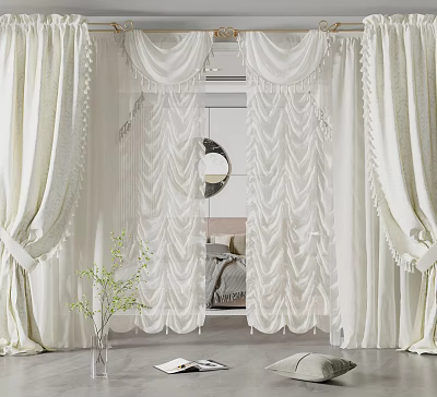 Elegant White Curtains For Bedroom Interior With Pleated Design And Tassel Trim 3d model