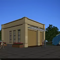 European Architecture Waste Transfer Station With Trees Pedestrians And Garbage Truck