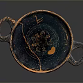 Ancient Hand Carved Clay Bowl Sculpture With Two Handles Deep Blue Orange Textured Surface