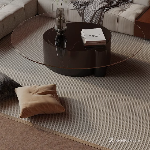 Modern Sofa And Coffee Table Set With Glass Top Neutral Pillows On Textured Rug 3d model 