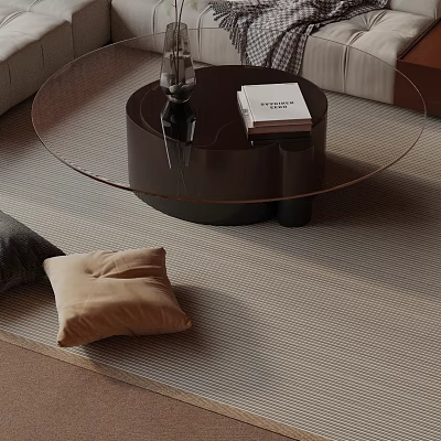 Modern Sofa And Coffee Table Set With Glass Top Neutral Pillows On Textured Rug 3d model