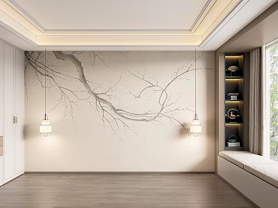 Modern Bed Accent Wall With Branch Mural And Pendant Lights 3d model