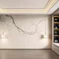Modern Bed Accent Wall With Branch Mural And Pendant Lights