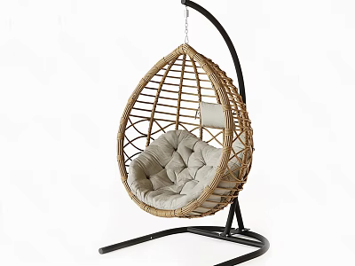 Stylish Rattan Teardrop Hanging Chair With Black Metal Stand And Beige Padded Cushion 3d model