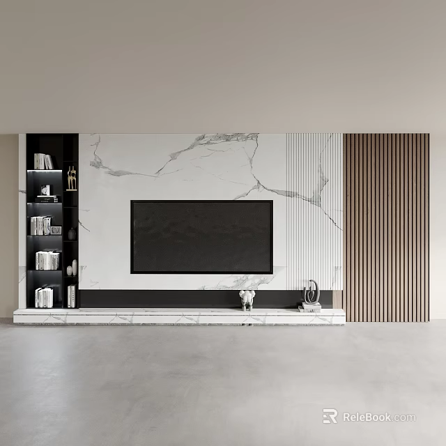 Modern Minimalist TV Wall with Marble Texture Vertical Striped Panels and Floating Shelves 3d model 