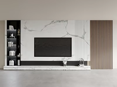 Modern Minimalist TV Wall with Marble Texture Vertical Striped Panels and Floating Shelves 3d model