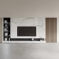 Modern Minimalist TV Wall with Marble Texture Vertical Striped Panels and Floating Shelves