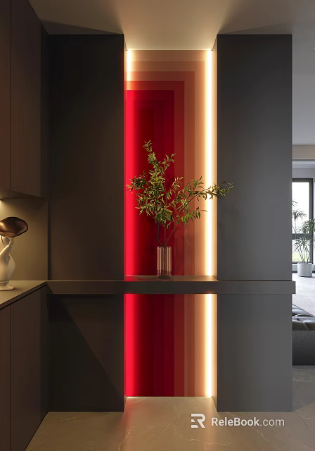 Modern Entryway Interior Design With Red Accent Wall Lighting And Potted Plant On Console Table 3d model
