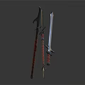 Crossed Swords With Red Wrapped Handles And Metal Blades On Gray Surface