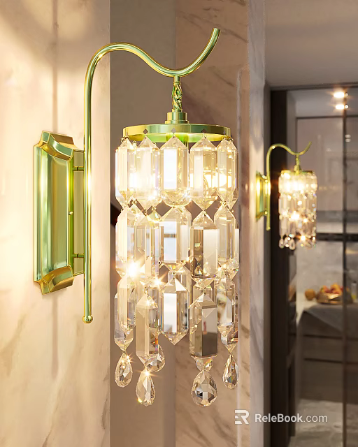 Elegant Modern Wall Sconce With Crystal Prisms And Golden Metal Frame For Home Lighting 3d model 