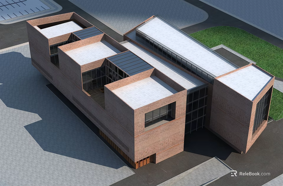 Modern Brick Office Building with Geometric Structure White Roof And Large Glass Windows 3d model 