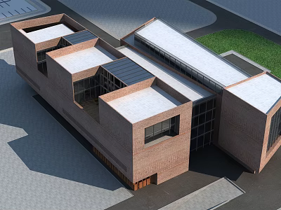 Modern Brick Office Building with Geometric Structure White Roof And Large Glass Windows 3d model