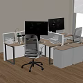 Modern L Shaped Office Desk With Dual Monitors Office Chair Books Coffee Cup Plant