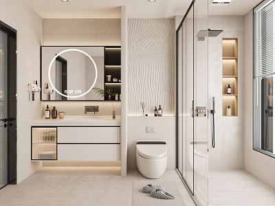Modern Bathroom Interior With Vanity Mirror Toilet Glass Shower Textured Wall And Recessed Lighting 3d model