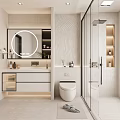 Modern Bathroom Interior With Vanity Mirror Toilet Glass Shower Textured Wall And Recessed Lighting