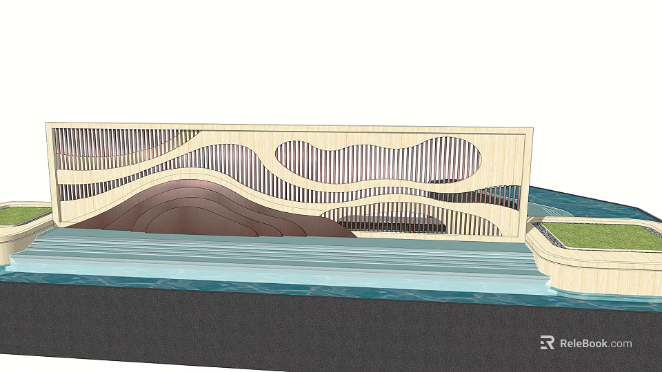 Modern Decorative Landscape Wall With Curved Wooden Patterns And Water Elements 3d model