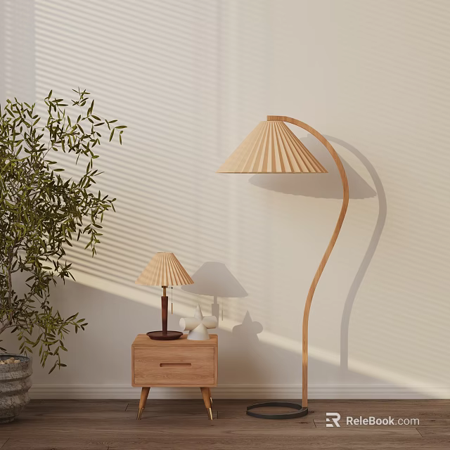 Modern Wooden Floor and Table Lamp Combination with Pleated Shade Green Plant and Blinds Shadow 3d model 