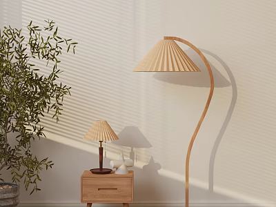 Modern Wooden Floor and Table Lamp Combination with Pleated Shade Green Plant and Blinds Shadow 3d model