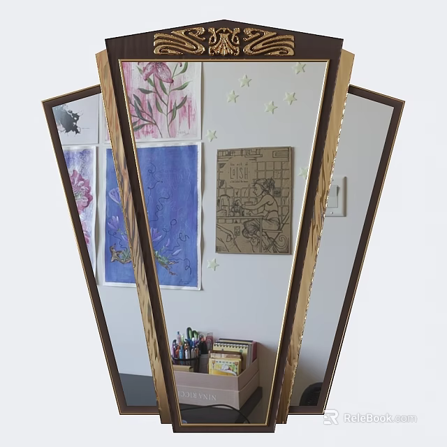 Decorative Mirror with Wooden Frame Surrounded by Handmade Artworks and Stationery in Box Below 3d model 