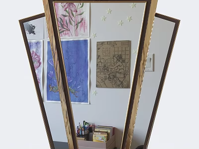 Decorative Mirror with Wooden Frame Surrounded by Handmade Artworks and Stationery in Box Below 3d model