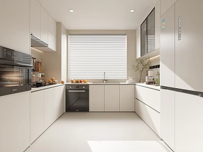 Modern White Kitchen Interior With White Cabinets Countertop Window Blinds And Appliances 3d model