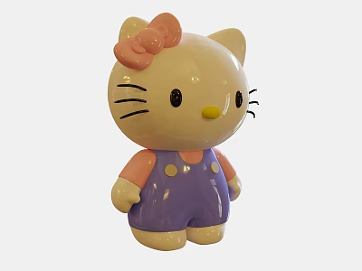 Adorable Hello Kitty Doll With Pink Bow Yellow Nose Purple Overalls And White Head 3d model