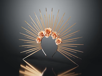 Elegant Jewelry Headpiece With Golden Radiant Strips And Pink Roses On Dark Background With Reflection 3d model
