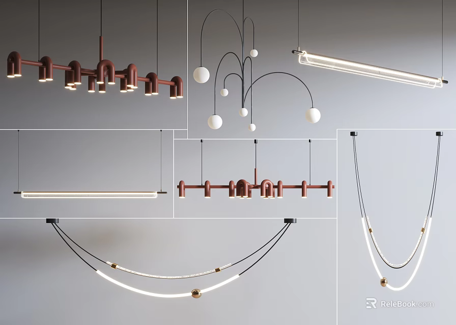 Modern Stylish Lighting Combinations With Linear Spherical And Curved Hanging Lamps 3d model 