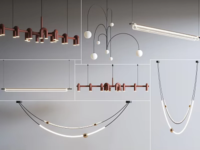 Modern Stylish Lighting Combinations With Linear Spherical And Curved Hanging Lamps 3d model