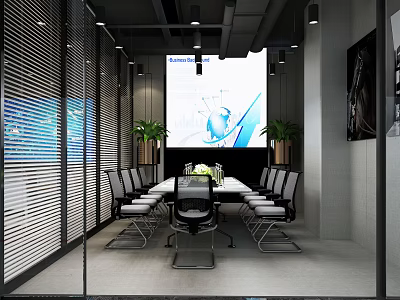 Modern Conference Room Interior With Long Table Projector Screen And Green Plants 3d model
