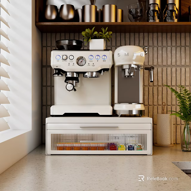 Kitchen Storage Cabinet with Coffee Machines Transparent Drawers for Coffee Capsules and Green Plants 3d model 