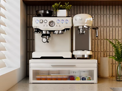 Kitchen Storage Cabinet with Coffee Machines Transparent Drawers for Coffee Capsules and Green Plants 3d model