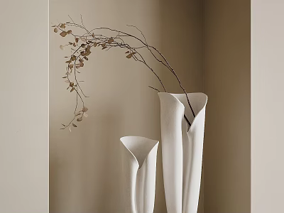 White Ceramic Vases With Slender Branches And Brown Leaves In Beige Minimalist Interior 3d model