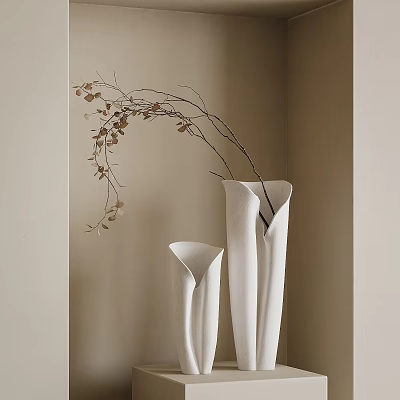 White Ceramic Vases With Slender Branches And Brown Leaves In Beige Minimalist Interior 3d model