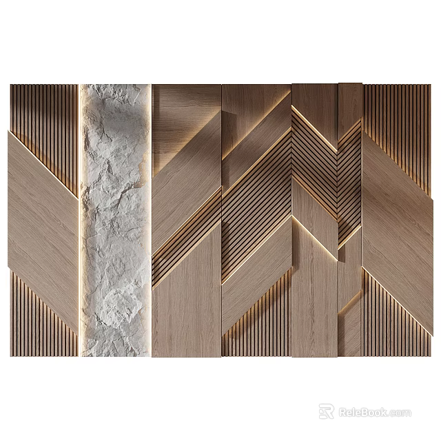 Elegant Modern Background Wall Design Featuring Wooden Stone Panels Geometric Patterns And Lighting Strip 3d model 