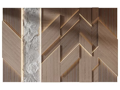 Elegant Modern Background Wall Design Featuring Wooden Stone Panels Geometric Patterns And Lighting Strip 3d model
