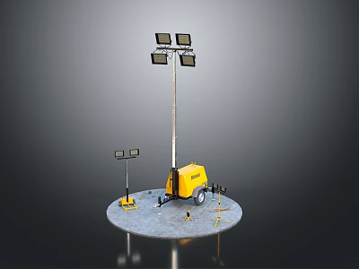 Yellow Mobile Lighting Tower With Four Top Lights Base And Tools 3d model