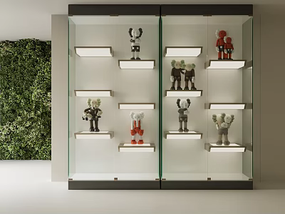 Display Cabinet Shelves With Glass Doors White Shelves Lighting And Figurines On Green Wall Backdrop 3d model