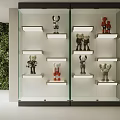 Display Cabinet Shelves With Glass Doors White Shelves Lighting And Figurines On Green Wall Backdrop